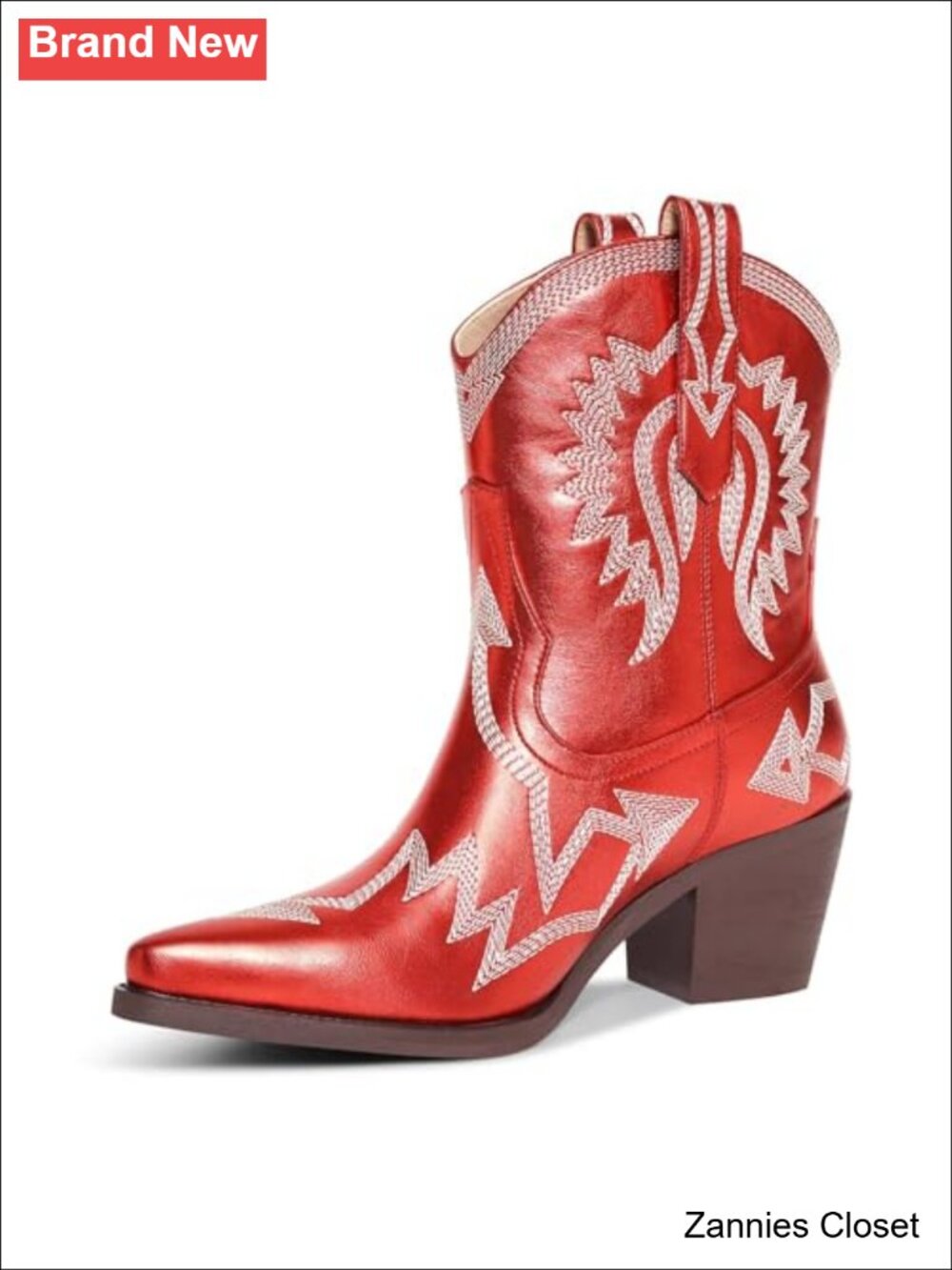 ✨ Western Ankle Cowboy Boots Chunky Pointed Toe Wide Calf Metallic PU